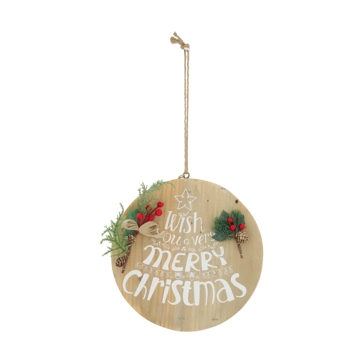 Sign round wish you a very merry christmas historic wood with hanger 28x28x1.5cm - Natural