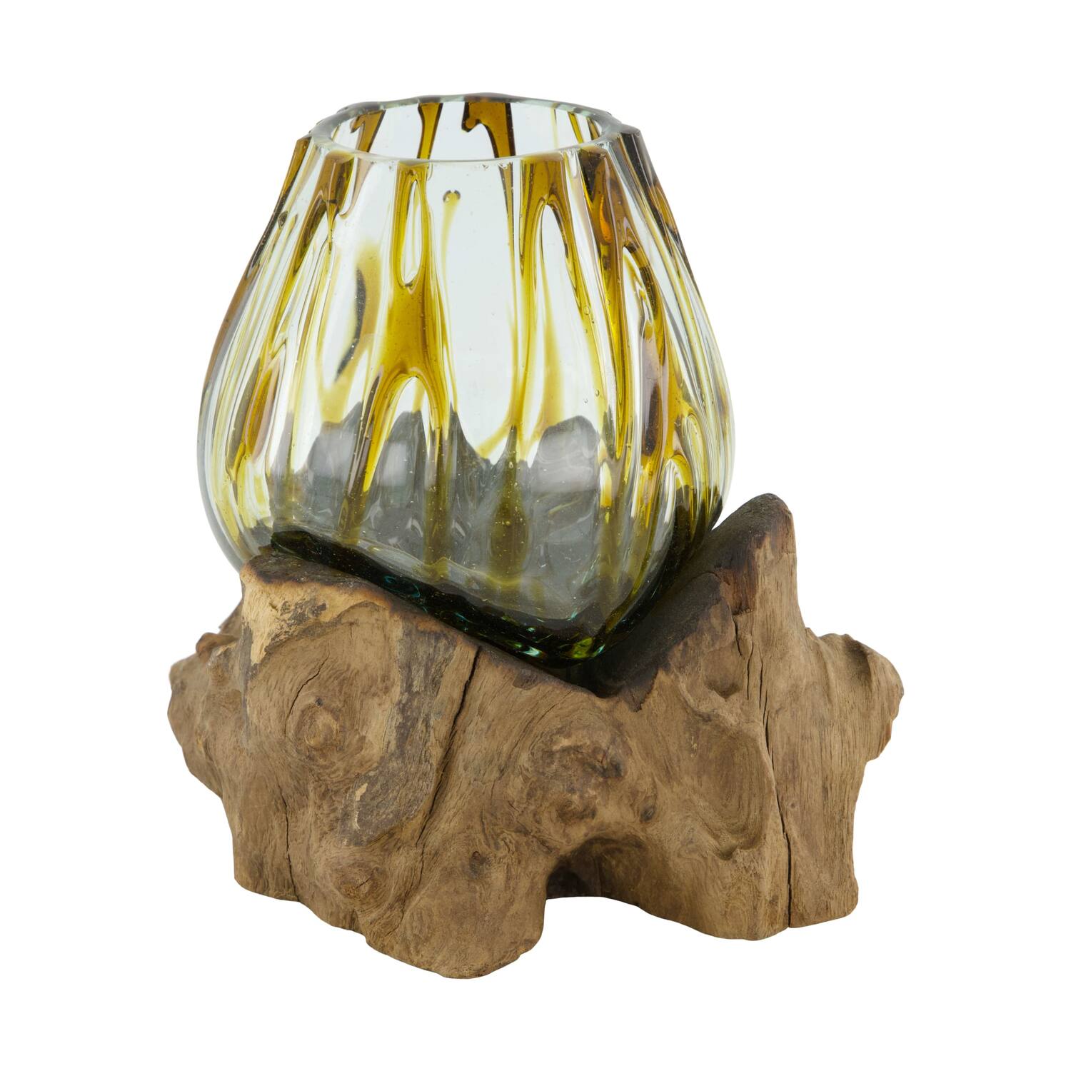 Root teak wood with glass 18x16x14cm - Brown