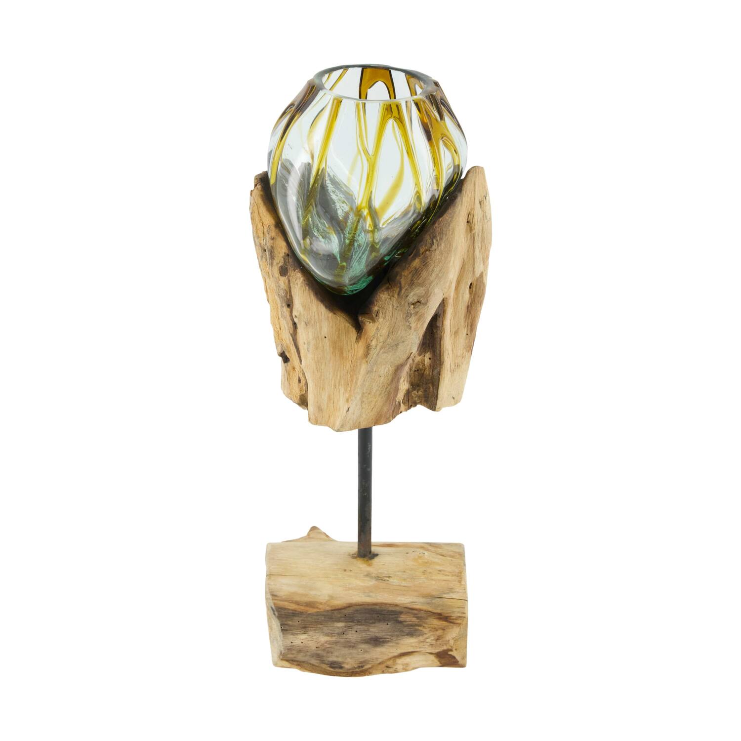 Root teak wood with glass 20x20x38cm - Brown