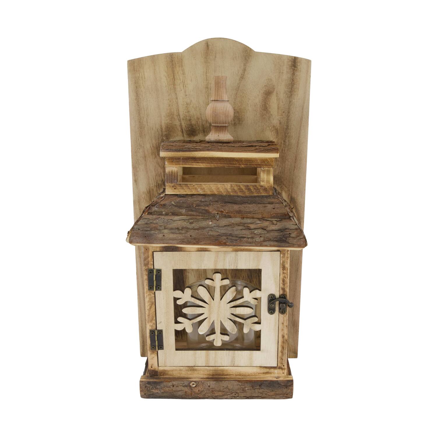Lantern house snowflake historic wood with glass 24x15x45cm Brown