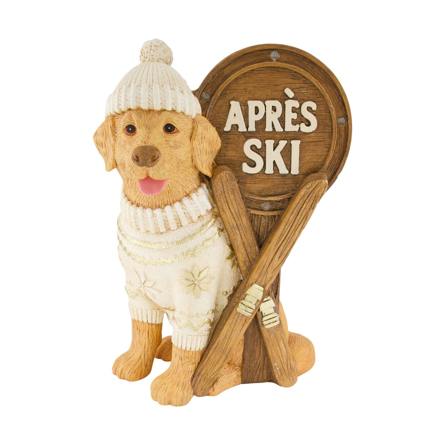 Figurine chien après-ski magnésium avec des lumières 32x24x45cm blanc or