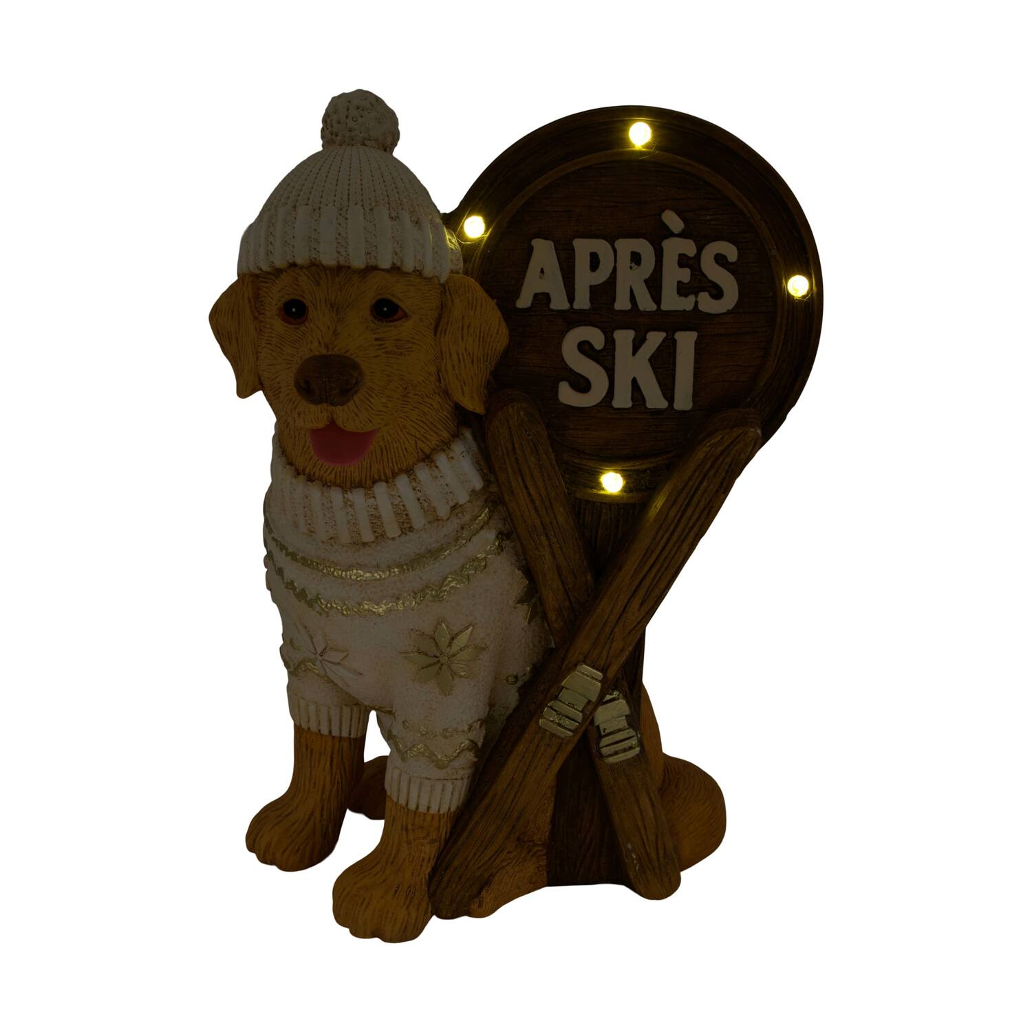 Figurine chien après-ski magnésium avec des lumières 32x24x45cm blanc or