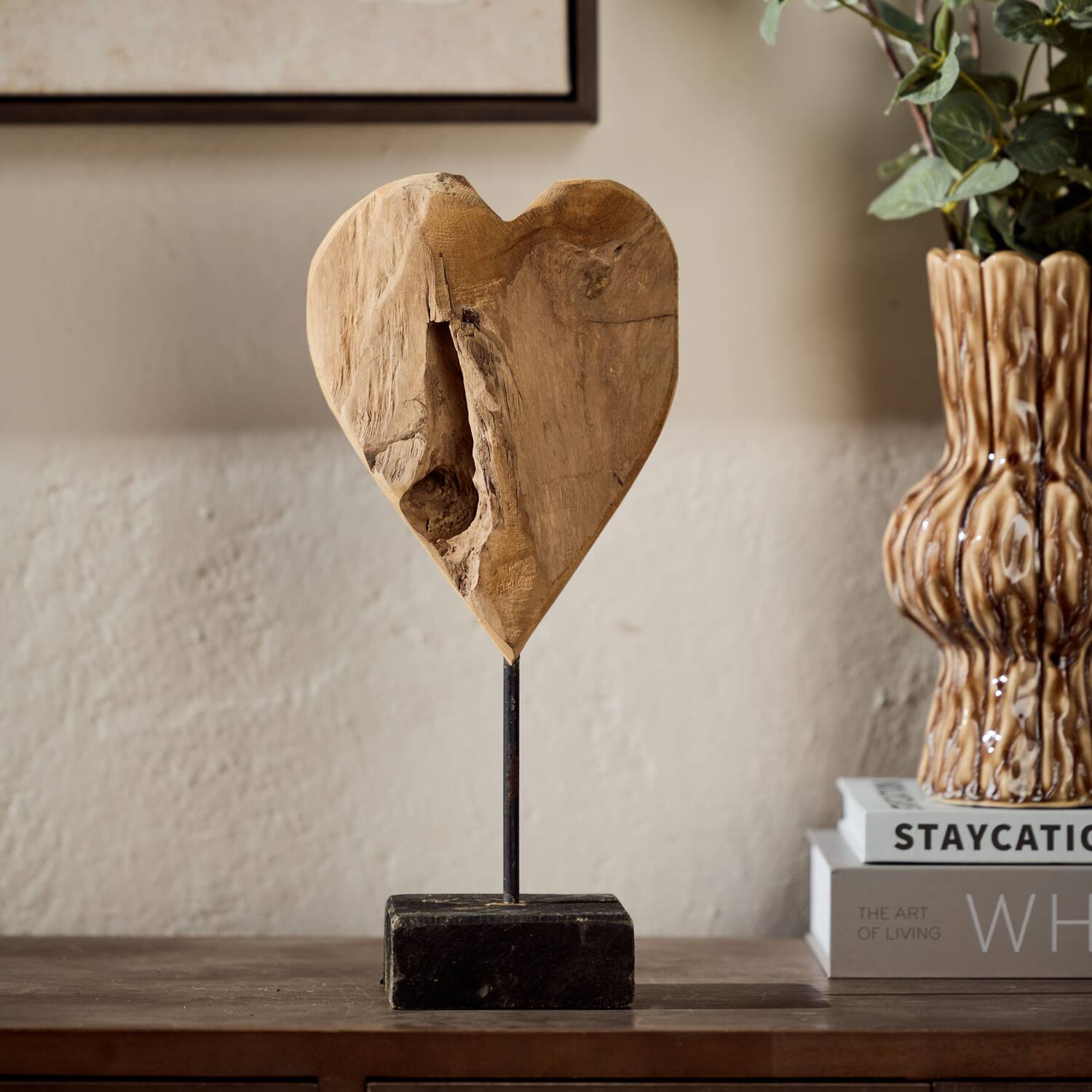 Coeur sur pied - Bois de teck - 35x16,5x10 cm - Naturel