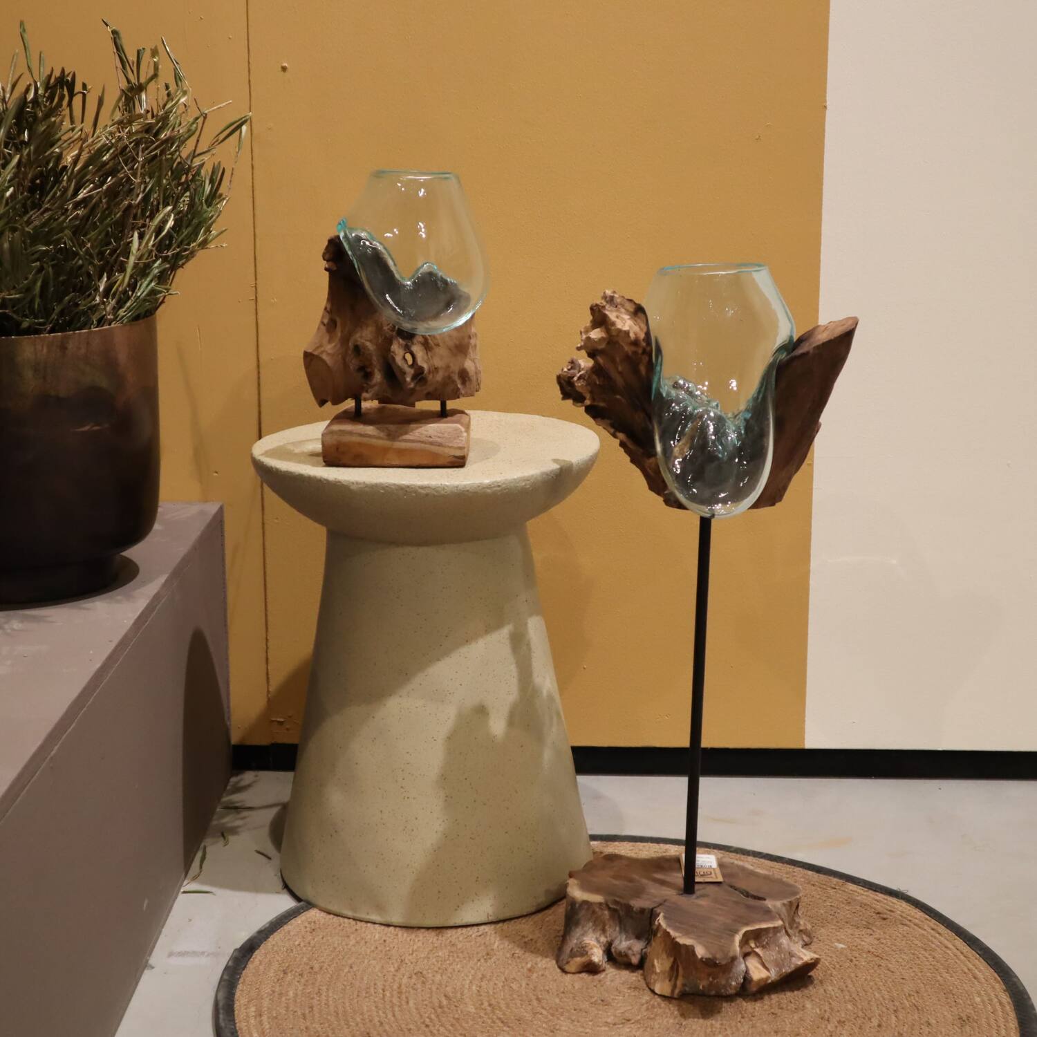 Root teak wood with glass 60x45x92cm - Natural