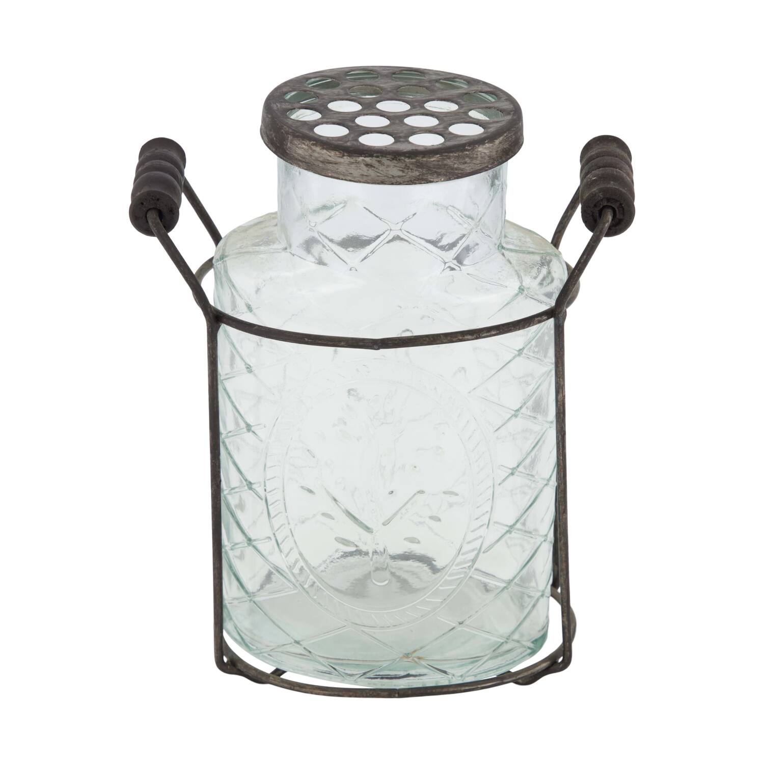 Vase round with lid in metal basket glass 14x8.5x18cm