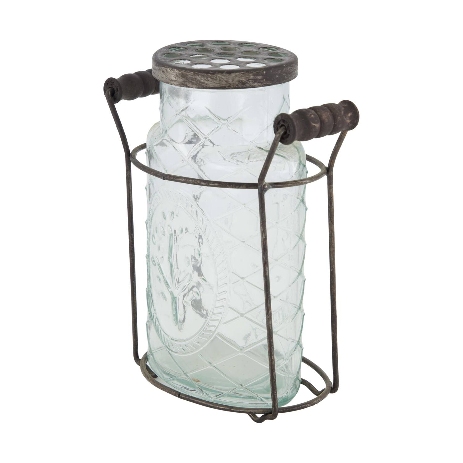 Vase round with lid in metal basket glass 14x8.5x18cm