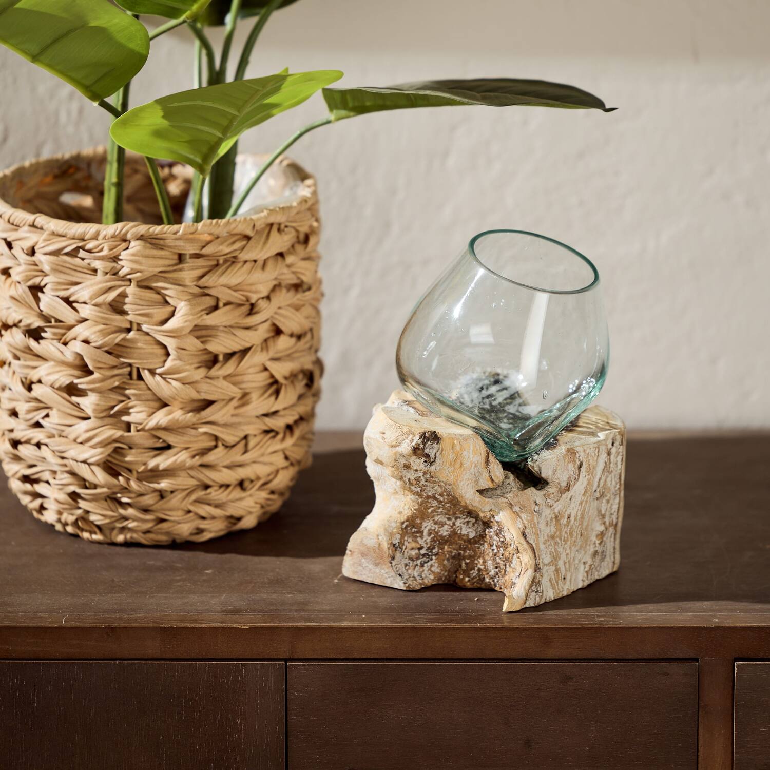 Racine - Teck lave avec verre - 18x13x18cm - Blanc