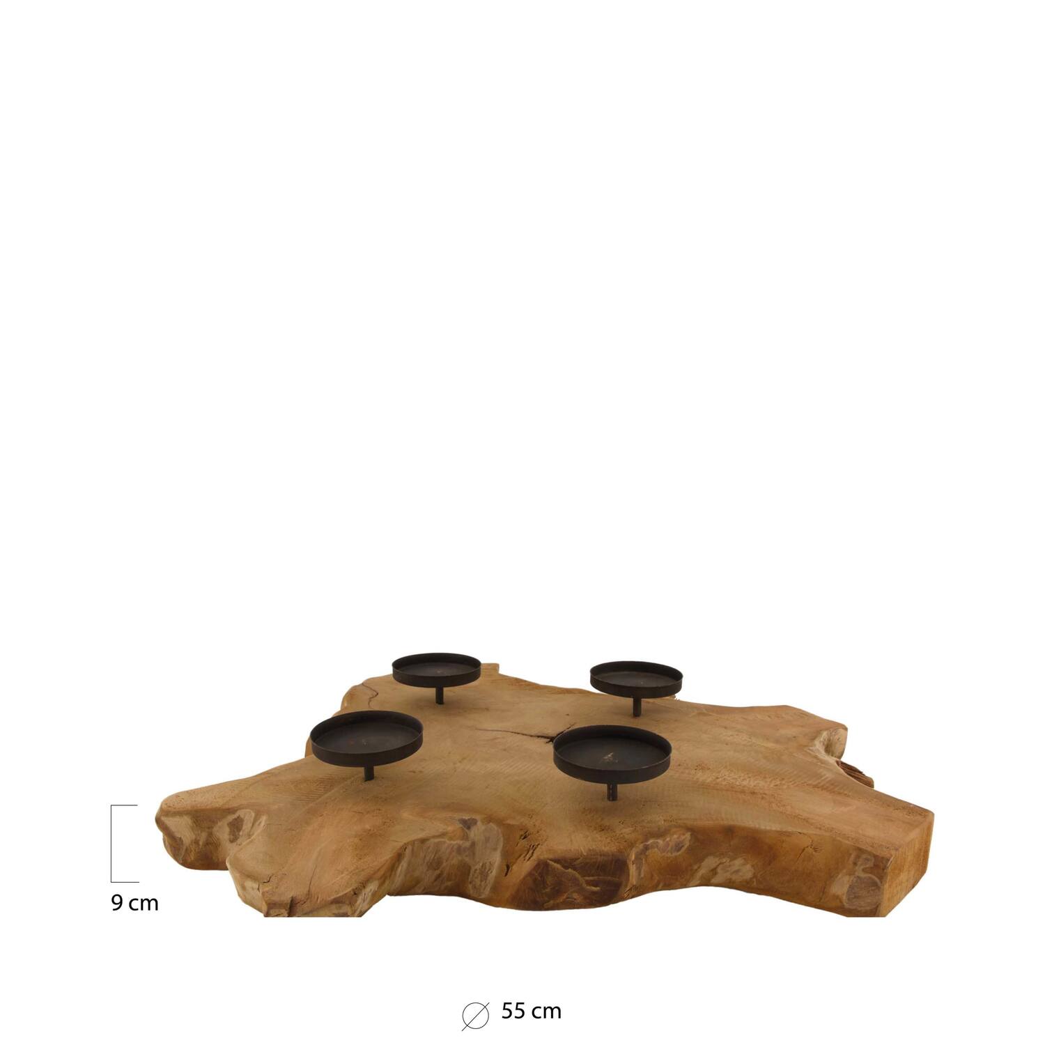 Root slice teak wood with candle holders 55x55x9cm - Natural