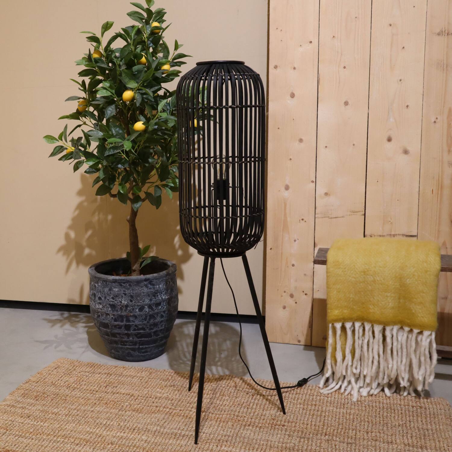 Staande lamp Essen - Bamboe - 35x35x117cm - Zwart