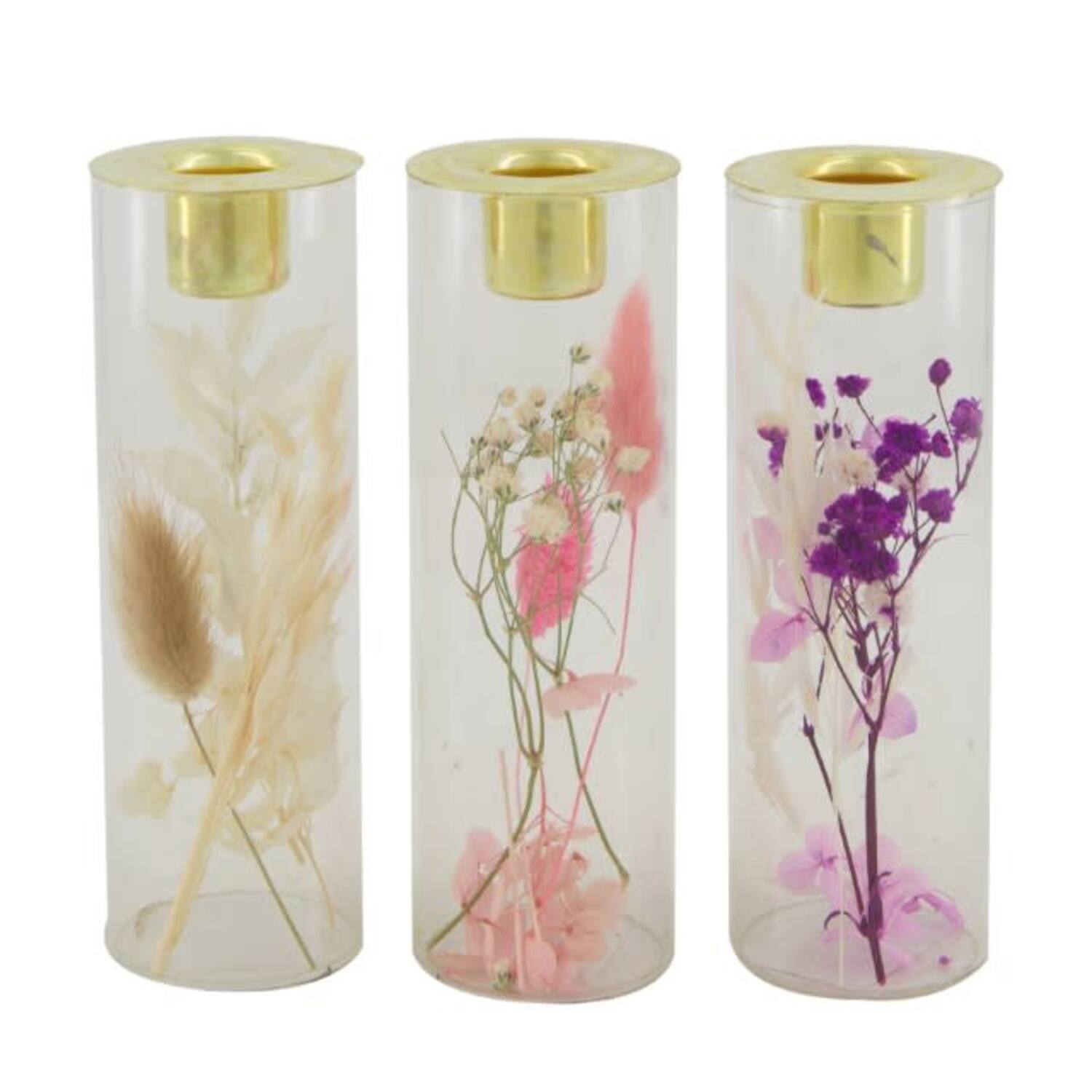 Dinnercandle holder with dried flowers glass 5x5x15cm C3 - Pink