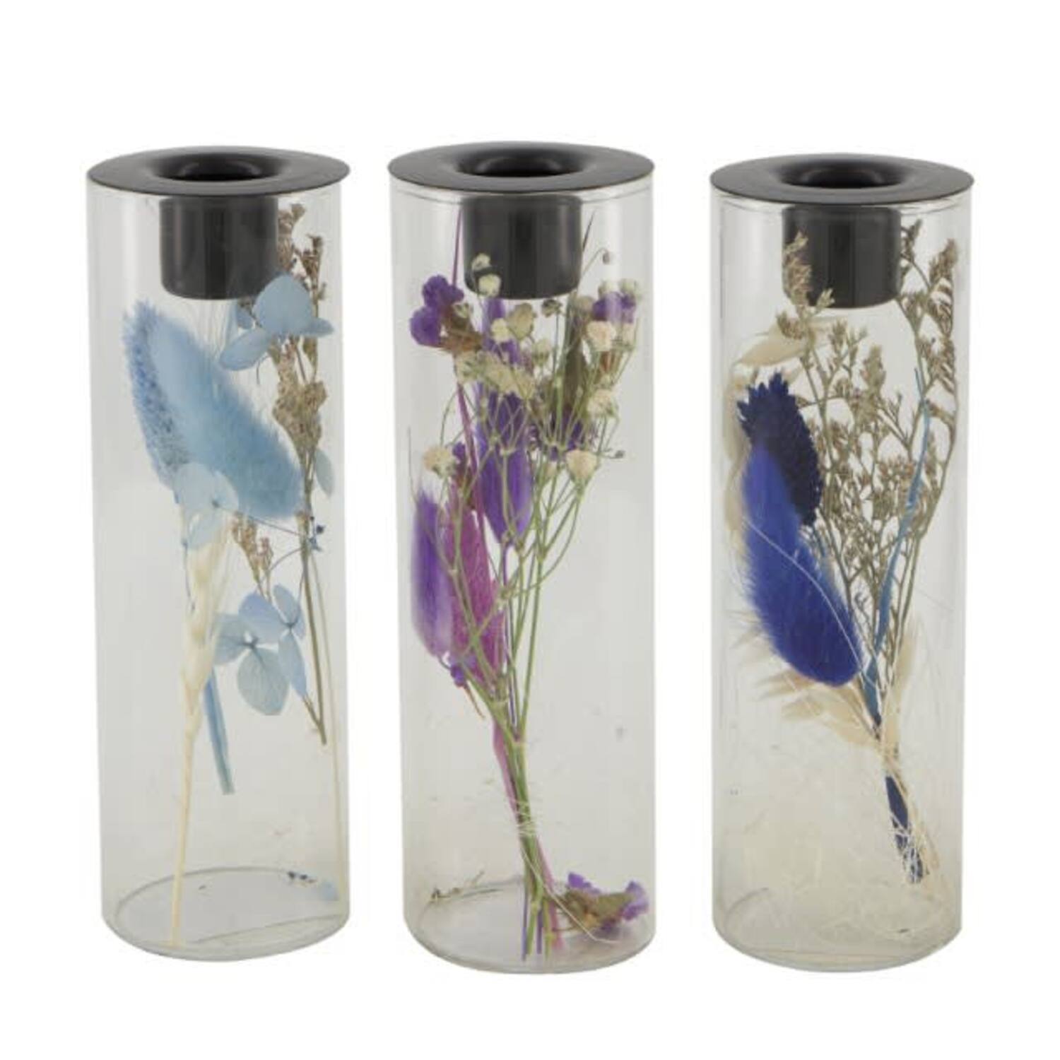 Dinnercandle holder with dried flowers glass 5x5x15cm C3 - Blue