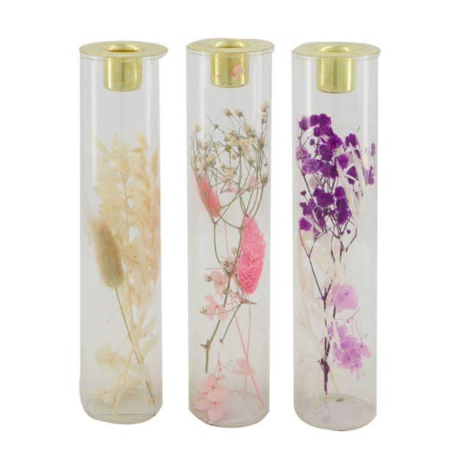Dinnercandle holder with dried flowers glass 5x5x22cm C3 - Pink