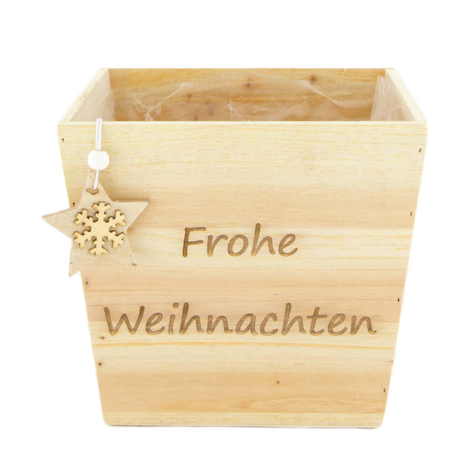 Planter Frohe Weihnachten plywood with plastic 18x18x16cm FSC 100%