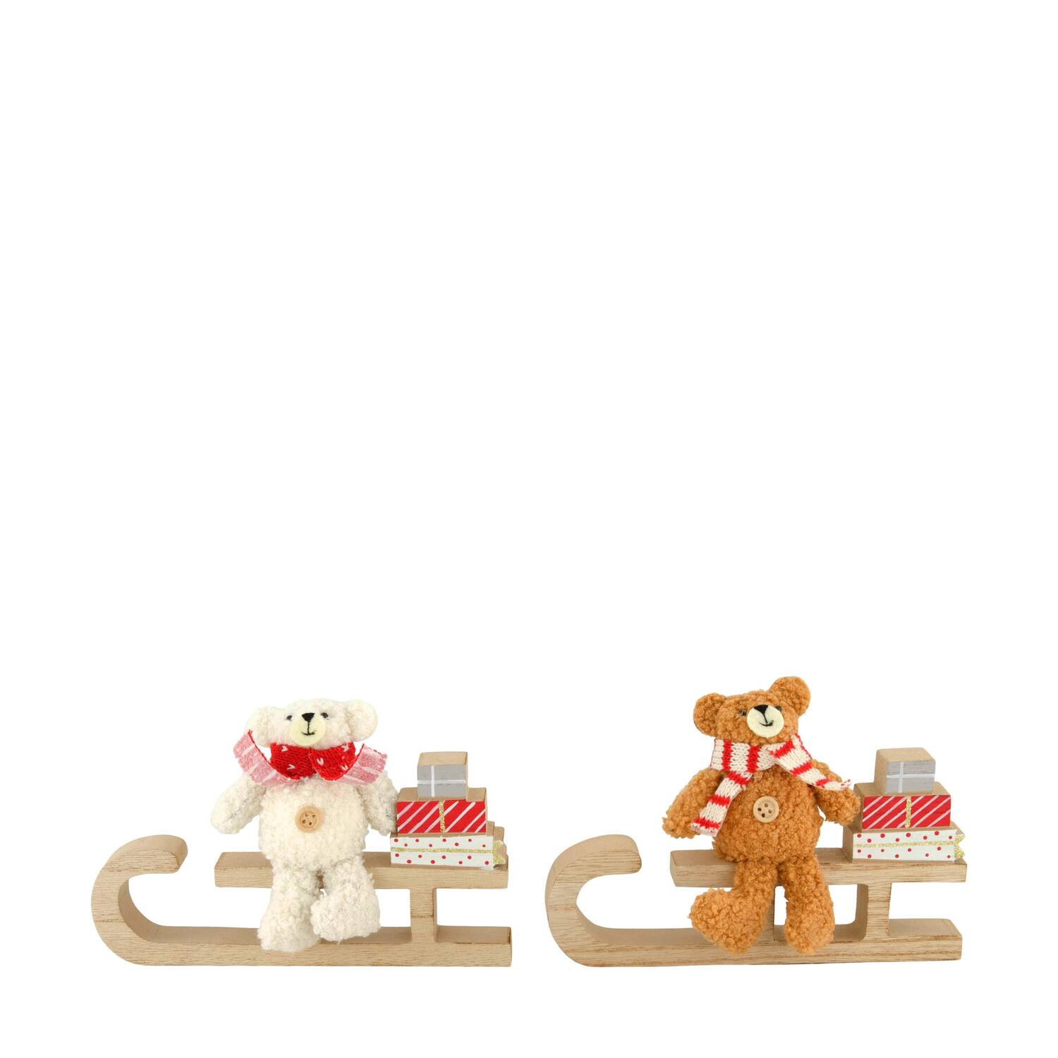 Figurine teddybear fabric on sleigh plywood 18x2x12cm C/2 FSC 100%