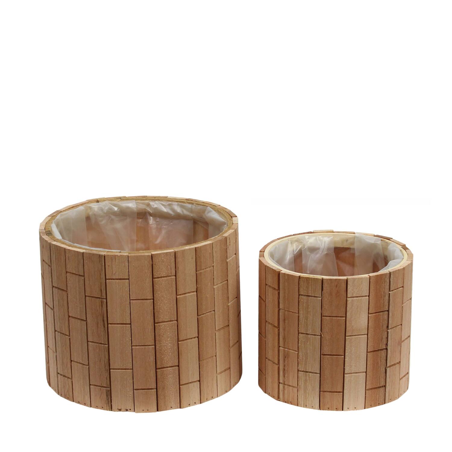 Planter round poplar wood with plastic 27x27x22cm S/2 FSC 100%
