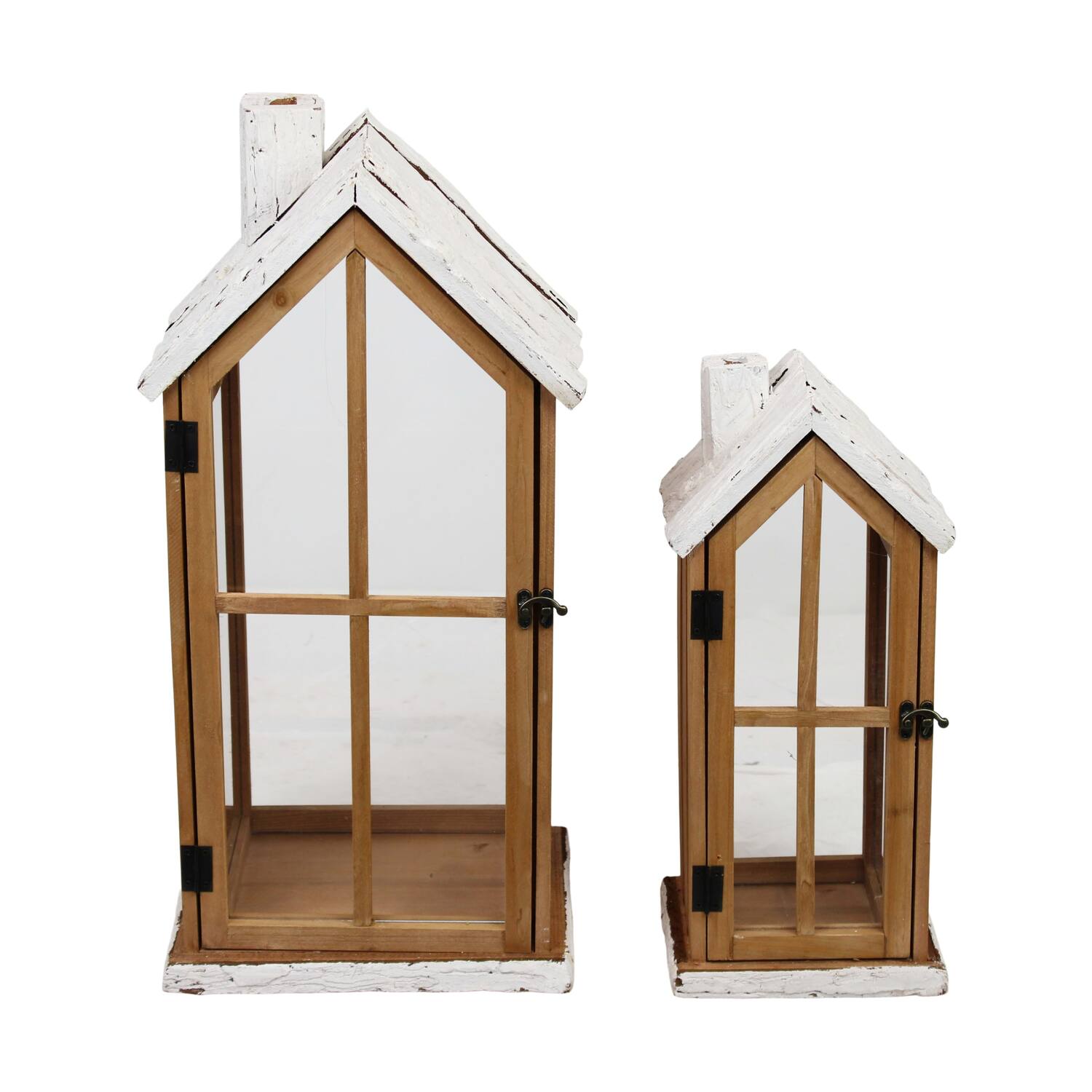 Lantern house fir wood with glass 28x21x57cm FSC 100% - Brown