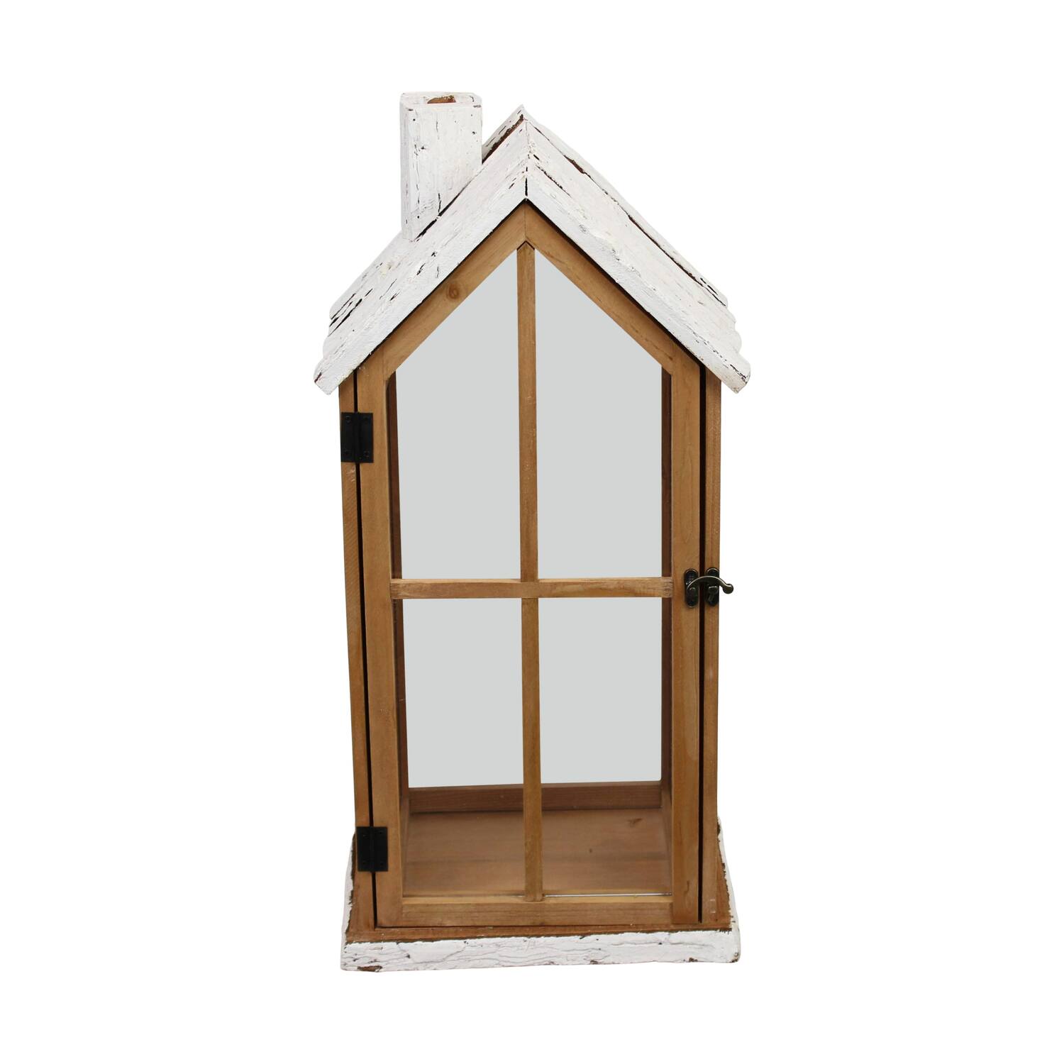 Lantern house fir wood with glass 28x21x57cm FSC 100% - Brown