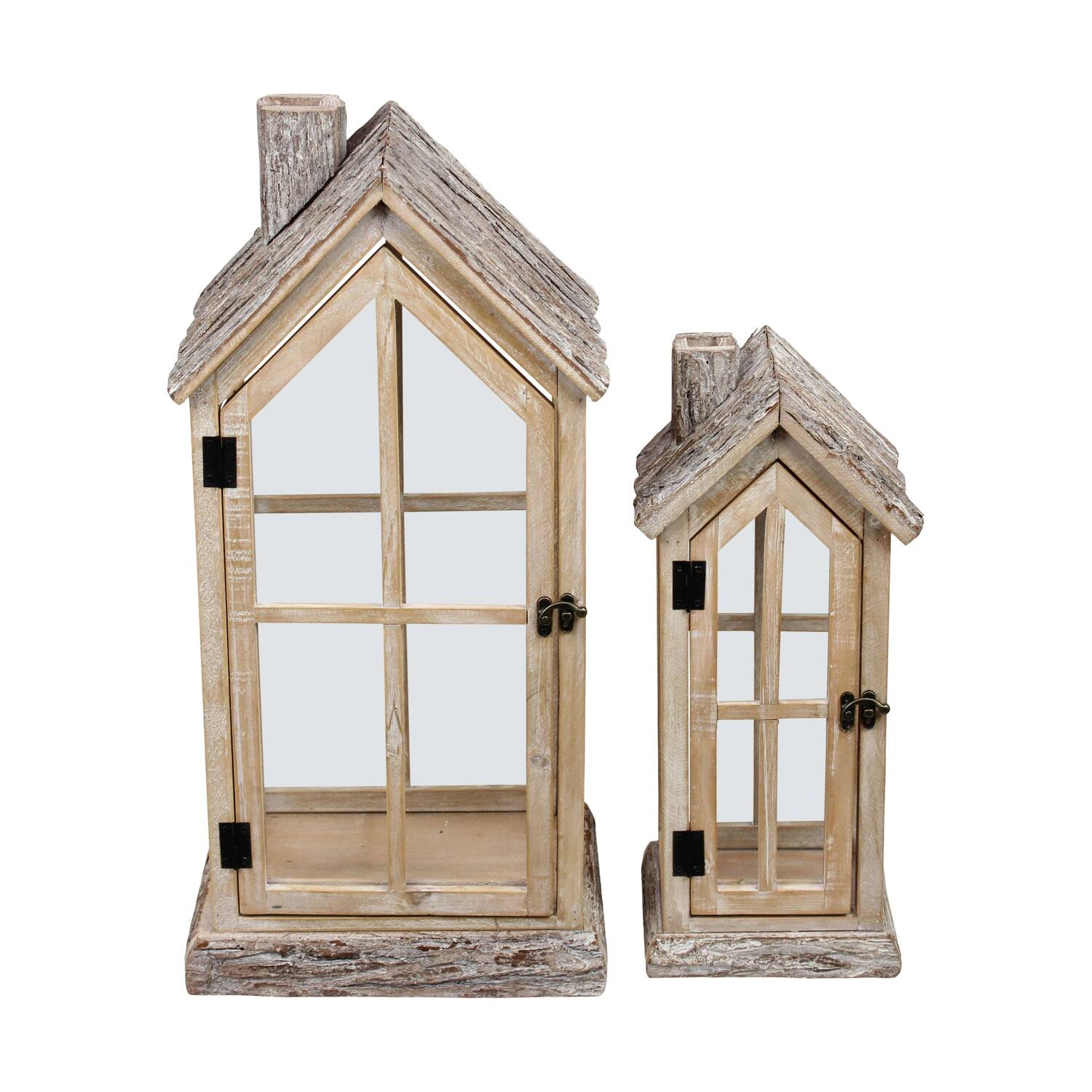 Lantern house fir wood with glass 28x21x57cm S/2 FSC 100%