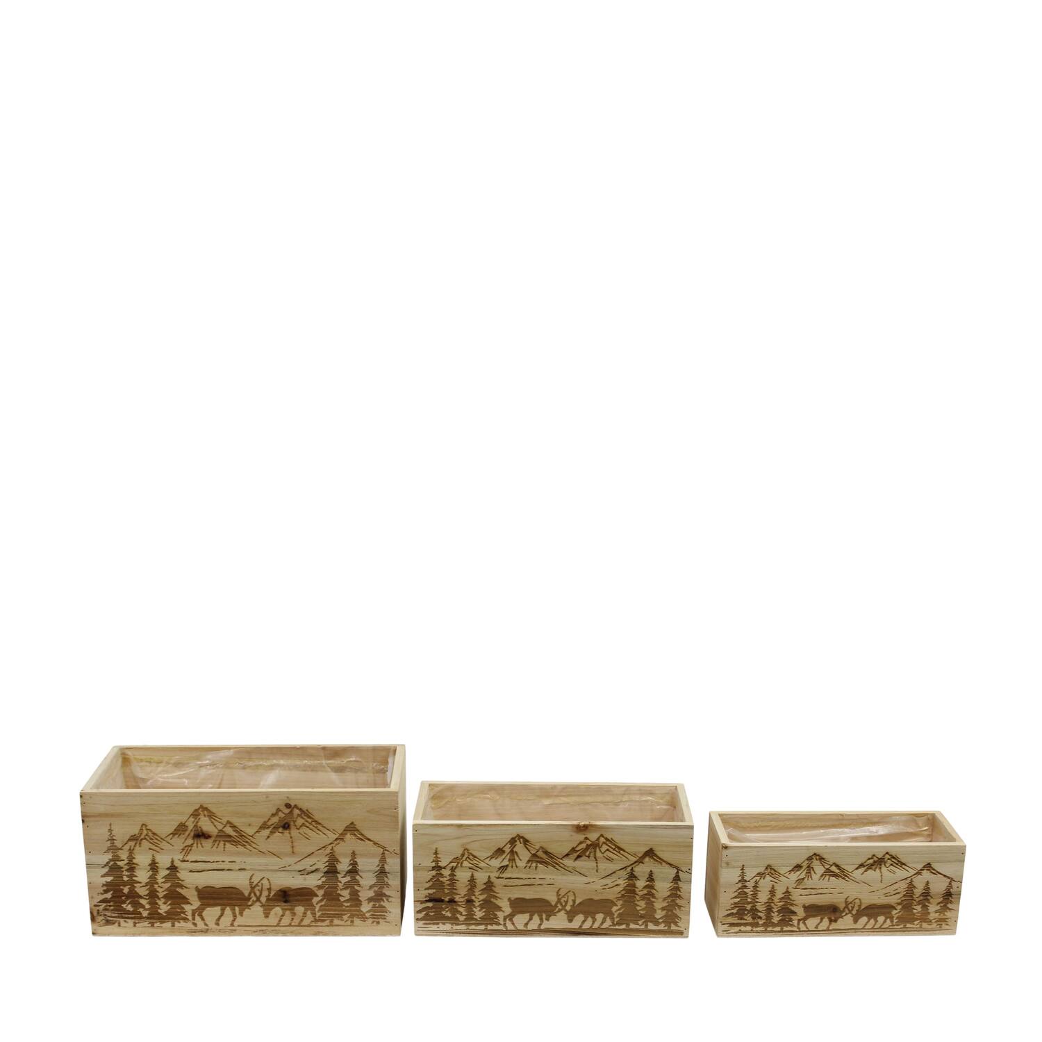 Planter rectangular mountain pine wood with plastic 28x14x14cm S/3 FSC 100%