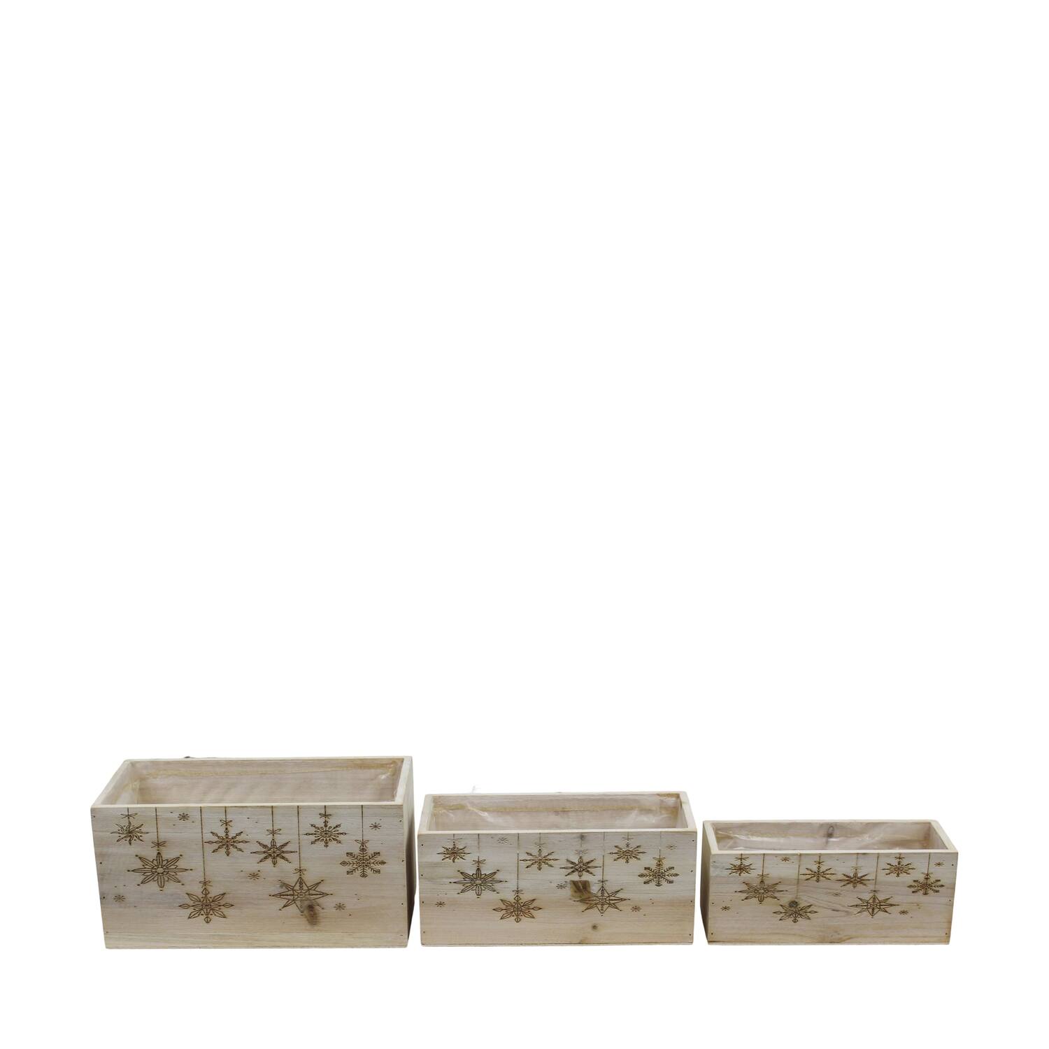 Planter rectangular snowflake pine wood with plastic 28x14x14cm S/3 FSC 100%