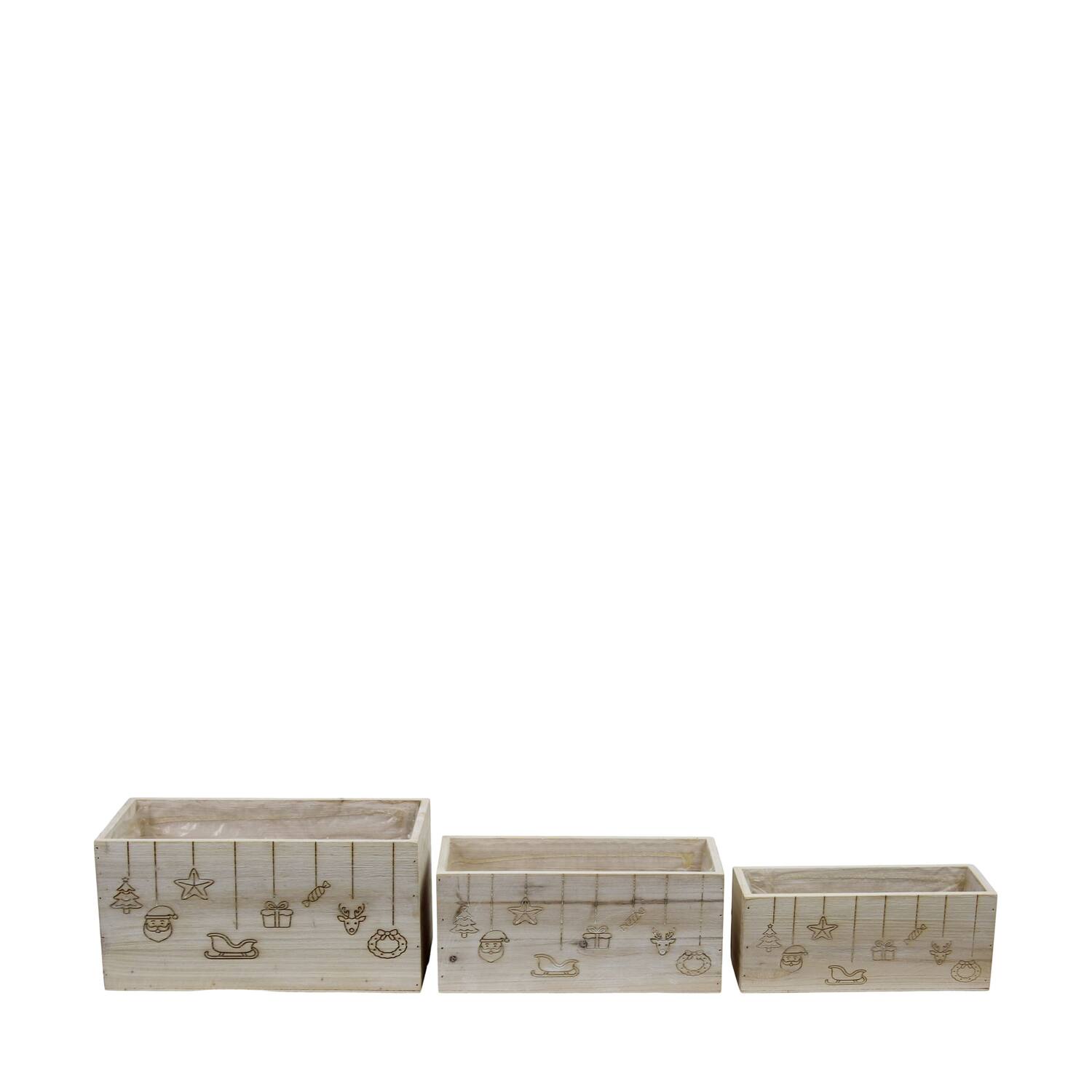 Planter rectangular Christmas pine wood with plastic 28x14x14cm S/3 FSC 100%