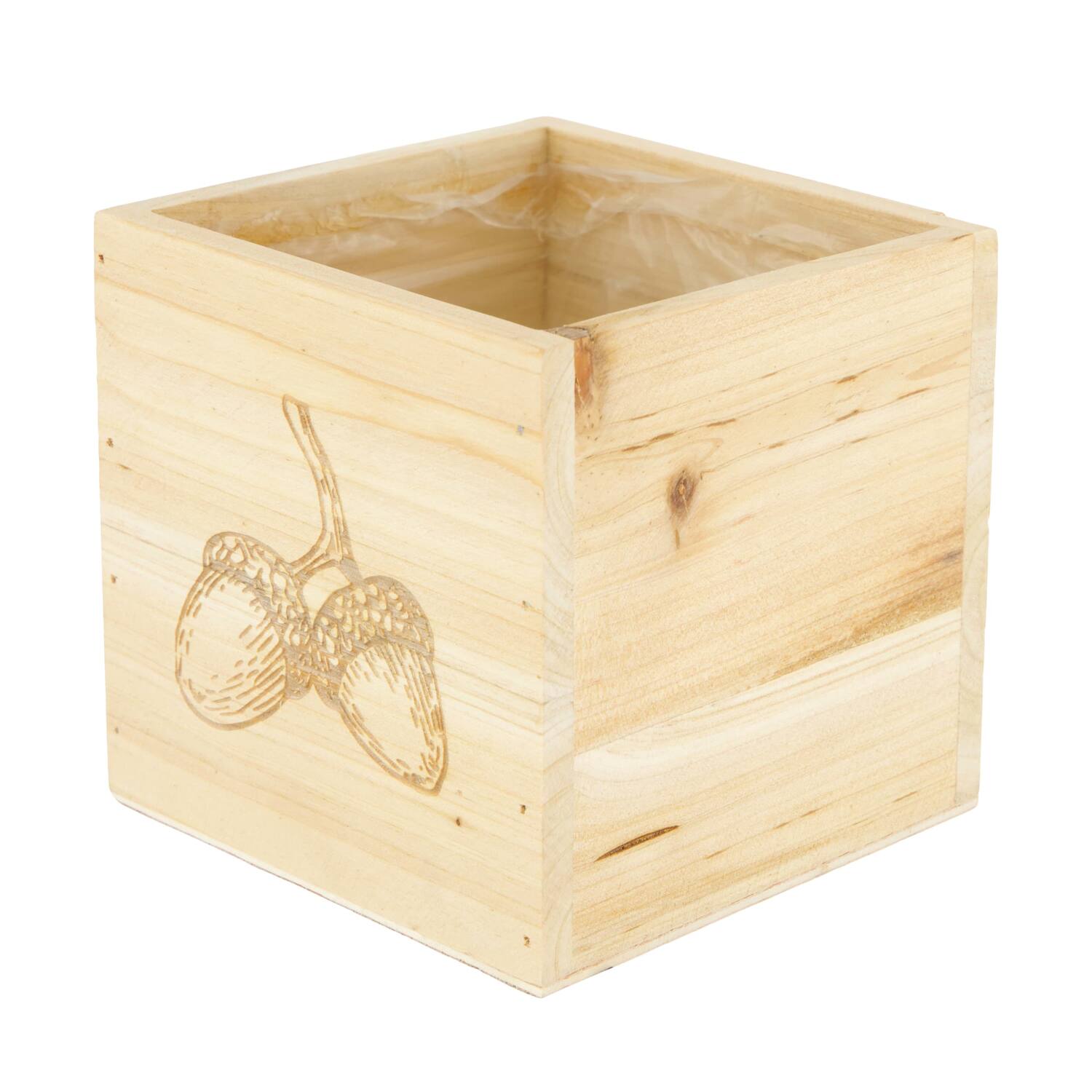 Planter square acorn pine wood with plastic 12x12x12cm FSC 100%