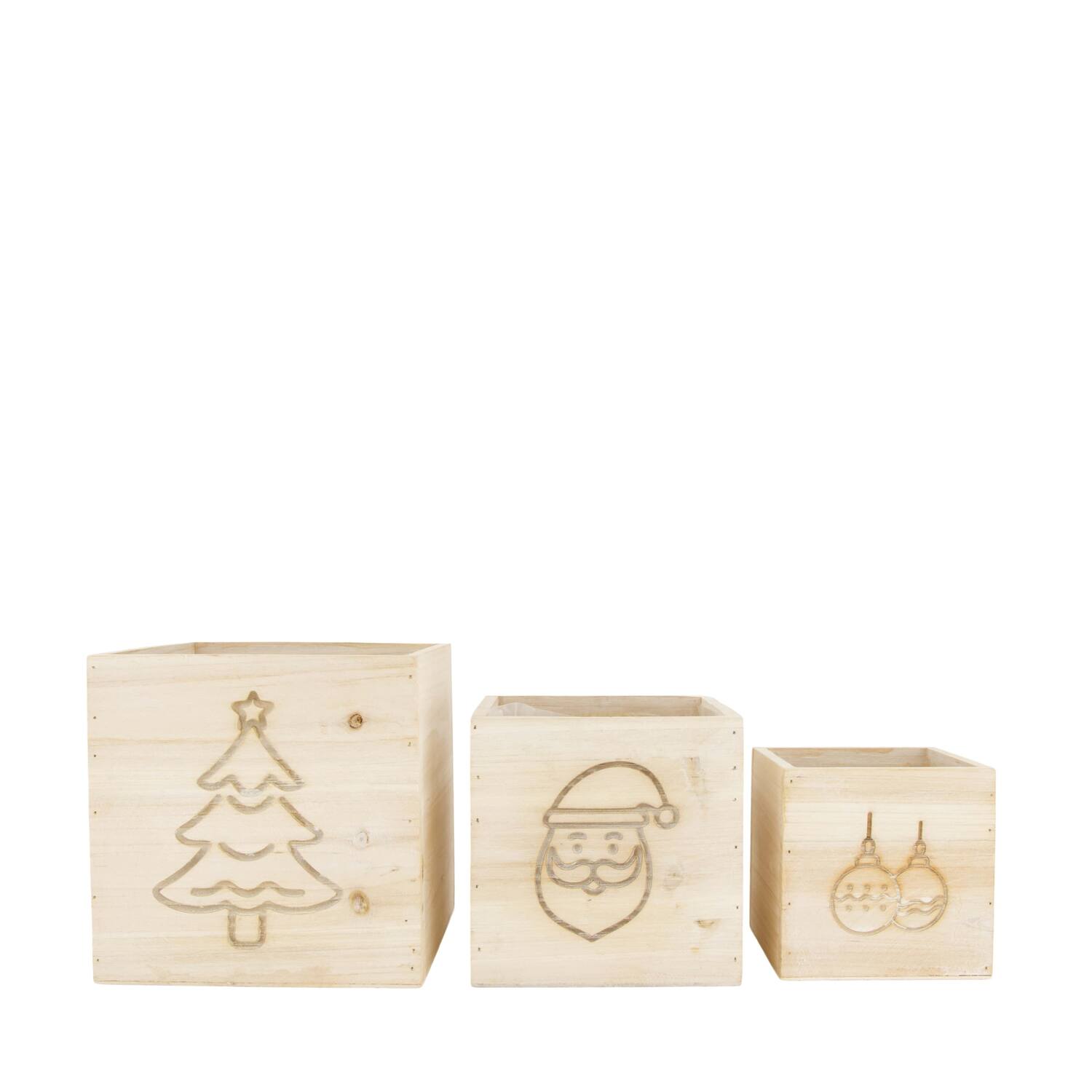 Planter square christmas pine wood with plastic 18x18x18cm S/3 FSC 100%