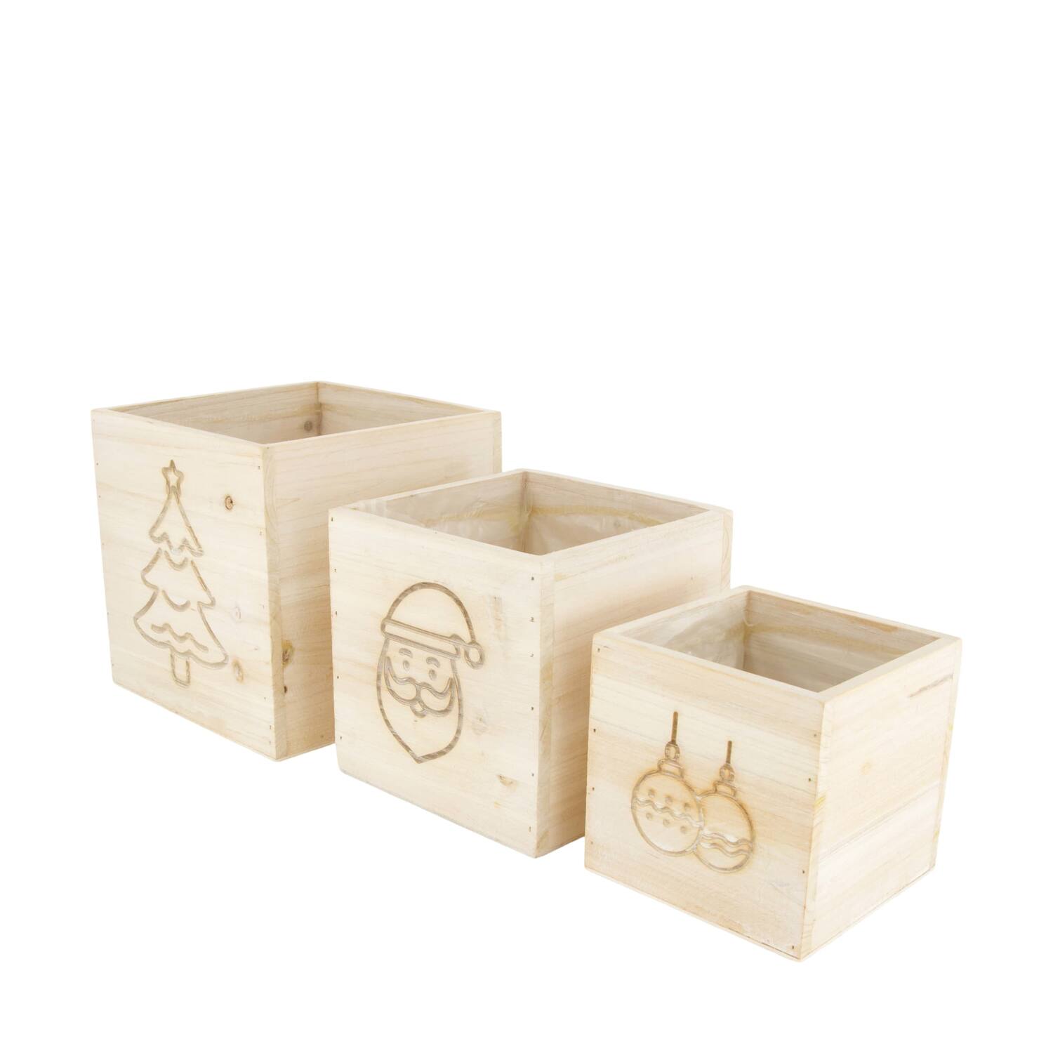 Planter square christmas pine wood with plastic 18x18x18cm S/3 FSC 100%