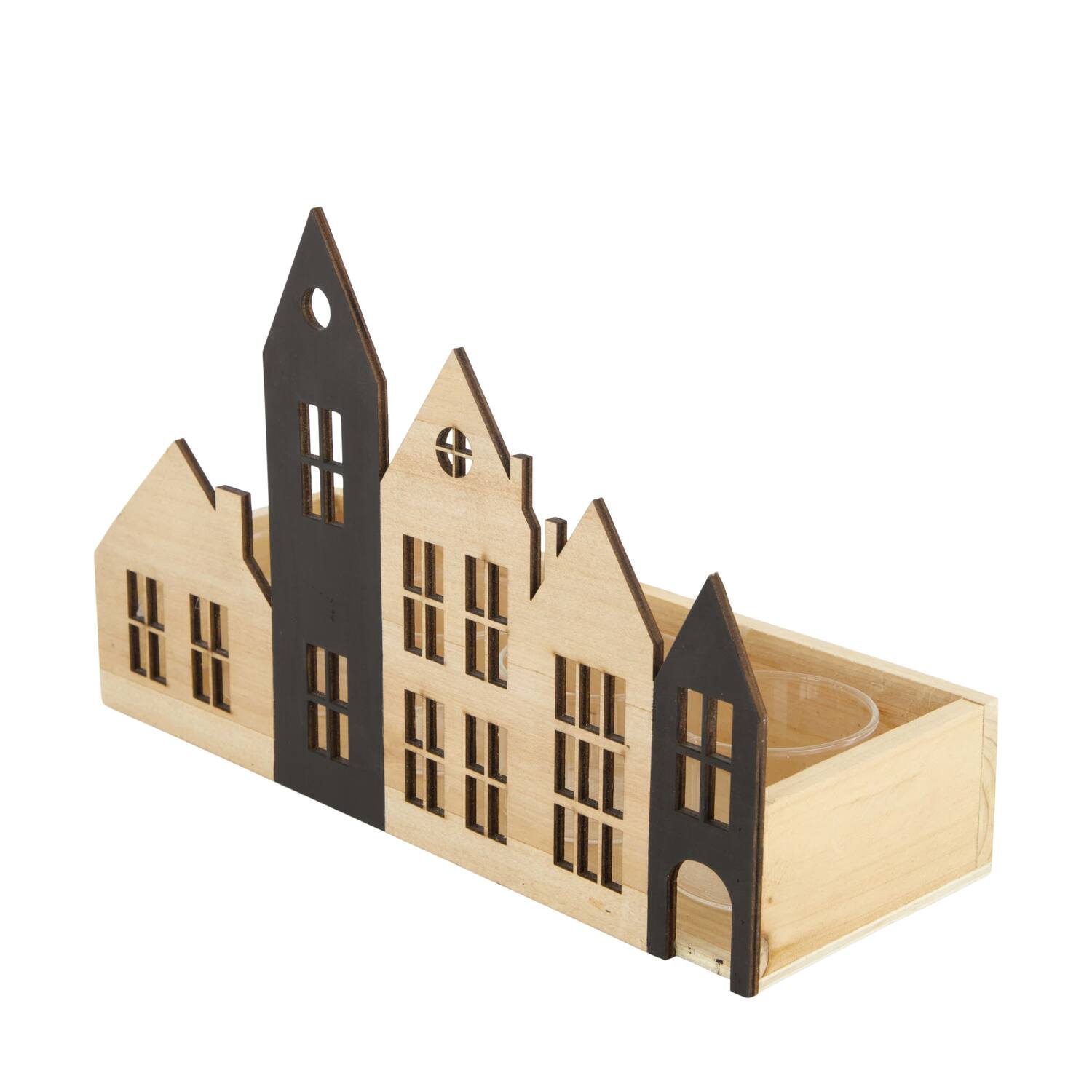 Tealight holder house pine wood with glass 28x10x18cm FSC 100%