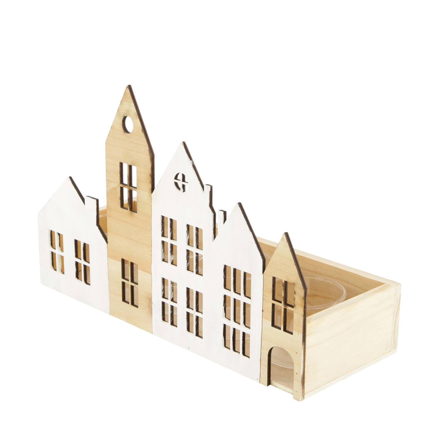 Tealight holder house pine wood with glass 28x10x18cm FSC 100%