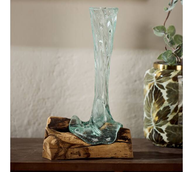 Root teak wood with glass 18x14x38cm - Natural