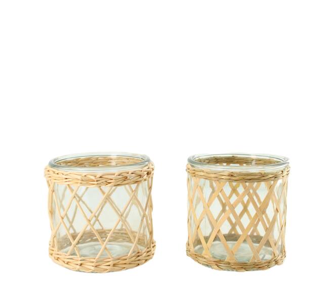 Tealight holder chip wood with glass 12x12x12cm  - Natural