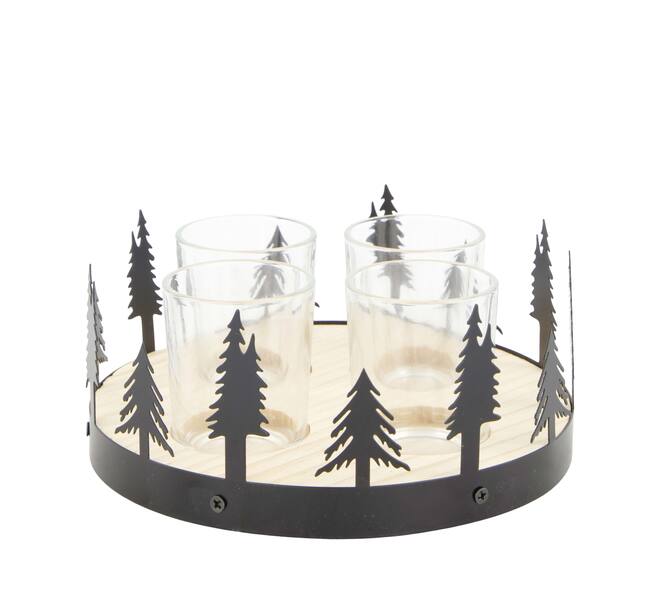 Tealight holder tree metal with pine wood with glass 18x18x8cm