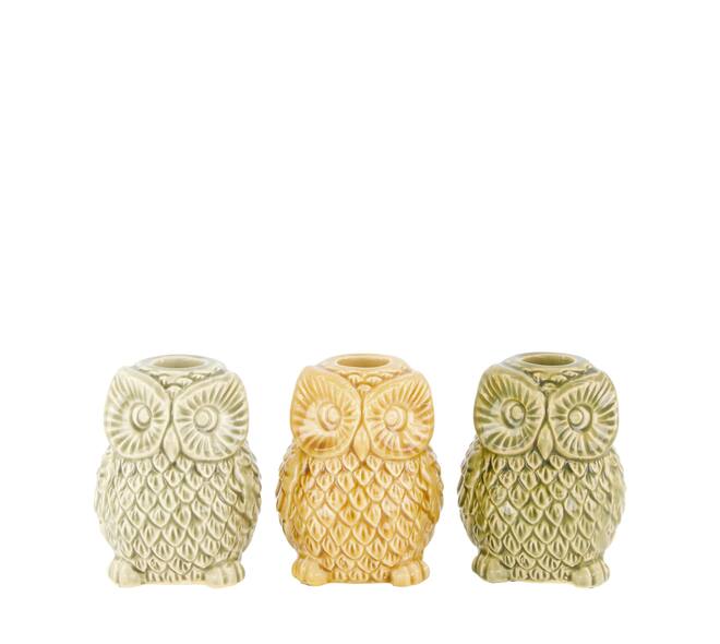 Dinnercandle holder owl ceramic 8x7.5x10cm  - Green