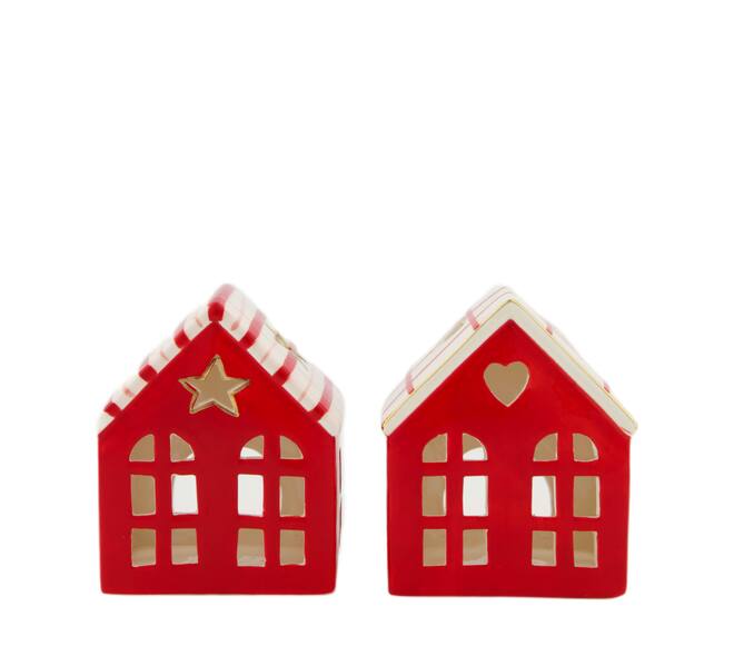 Tealight holder house porcelain 10.6x7x12.5cm  - Red