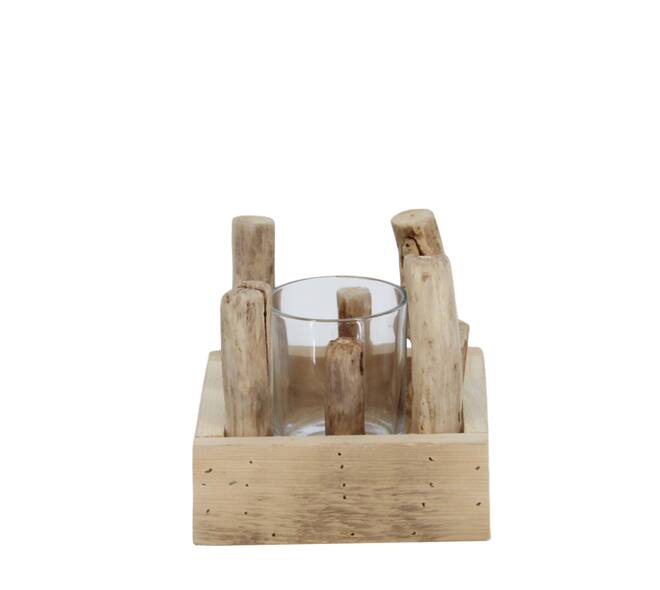 Tealight holder historic wood with glass 14x14x12cm - Cream