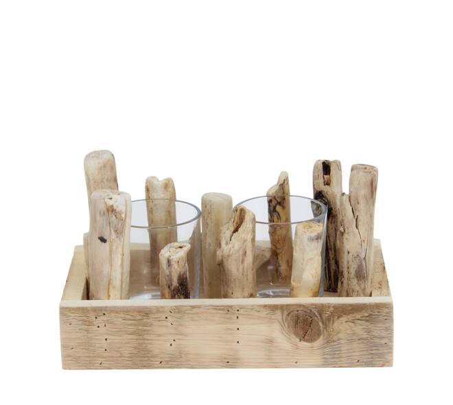 Tealight holder historic wood with glass 24x14x12cm
