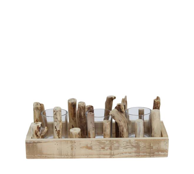 Tealight holder historic wood with glass 36x14x12cm - Cream