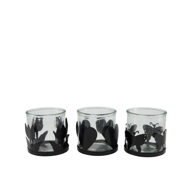 Tealight holder iron with glass 10.5x10.5x10cm  - Black