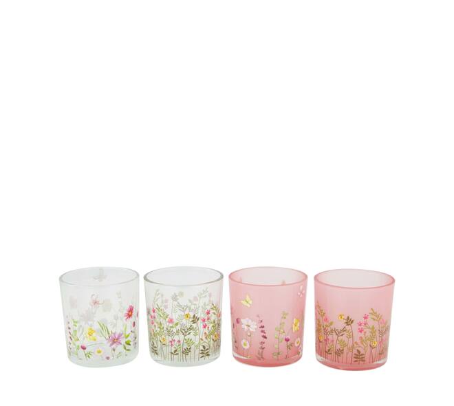 Tealight holder with flower print glass 7.3x7.3x8cm A/4