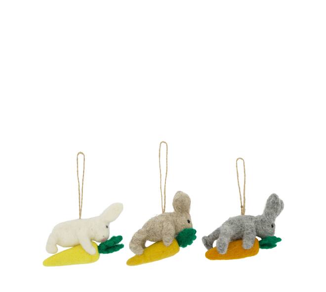 Hanger rabbit on carrot wool 10x4x9cm C/3