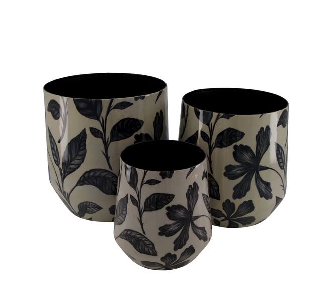 Planter round black leaf metal with print 22x22x22.5cm - Black