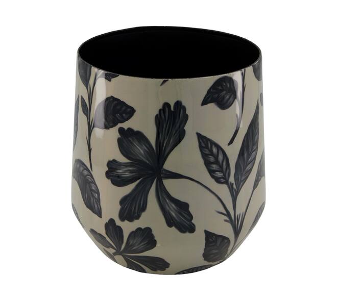 Planter round black leaf metal with print 22x22x22.5cm - Black