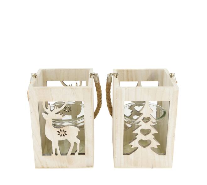 Lantern tree and reindeer pine wood with glass 12x12x18cm A/2