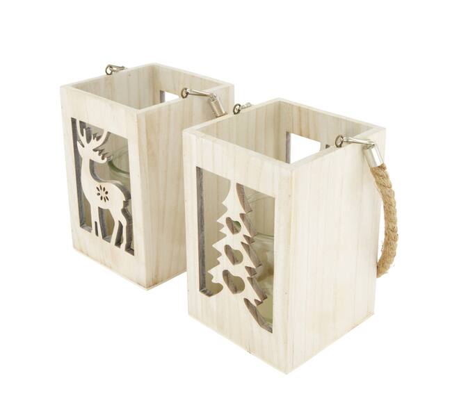 Lantern tree and reindeer pine wood with glass 12x12x18cm A/2