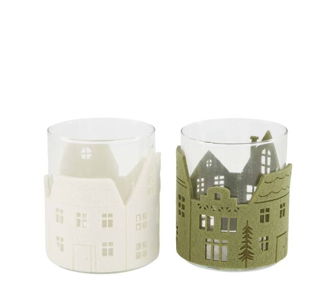 Tealight holder round felt houses glass 8.5x8.5x10cm C/2