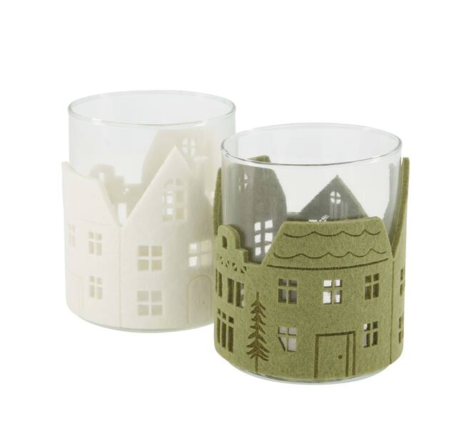 Tealight holder round felt houses glass 8.5x8.5x10cm C/2