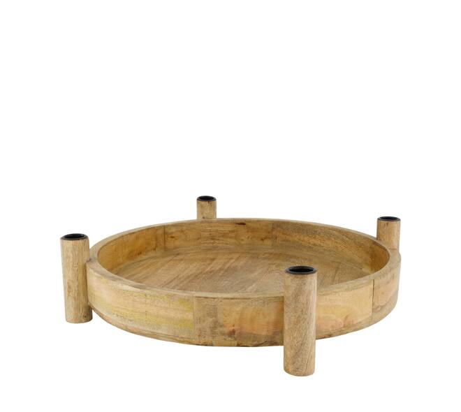 Tray round mango wood with candle holders 38x43x10cm - Natural