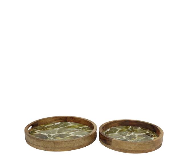 Tray round mango wood with print 38x38x5.5cm  - Natural