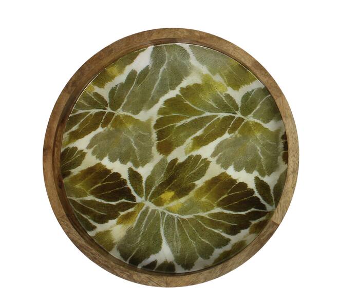 Tray round mango wood with print 38x38x5.5cm  - Natural